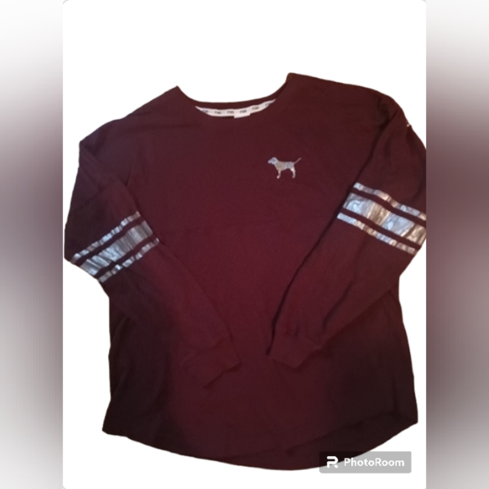 PINK VS Campus Crewneck Jersey Lightweight Sequin & Foil Bling Sweatshirt 🍷💎